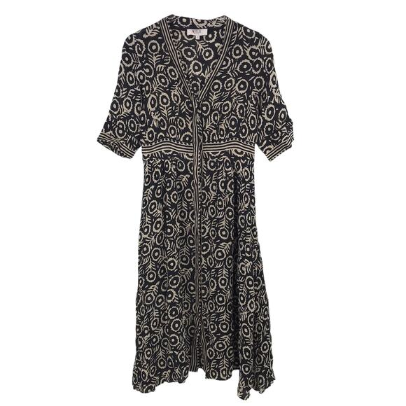 Sea New York Emi Midi Dress 4 Short Sleeve V-Neck Pockets Bohemian Black & White - Picture 1 of 6